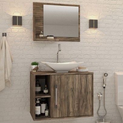 Armário de Banheiro com Cuba e Espelho 1 Porta 2 Prateleiras Carvalho Dark 13689 - Compace