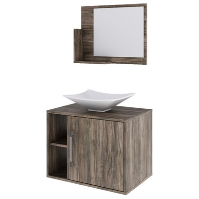 Armário de Banheiro com Cuba e Espelho 1 Porta 2 Prateleiras Carvalho Dark 13689 - Compace