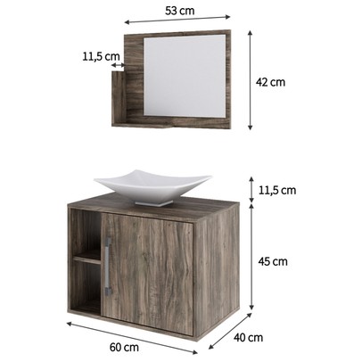 Armário de Banheiro com Cuba e Espelho 1 Porta 2 Prateleiras Carvalho Dark 13689 - Compace