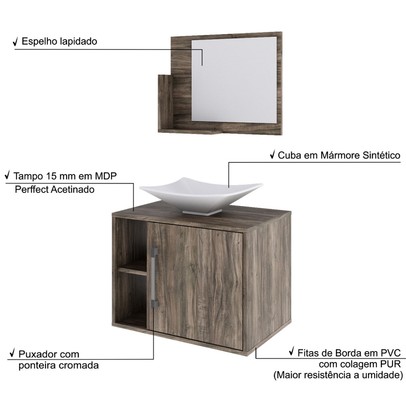 Armário de Banheiro com Cuba e Espelho 1 Porta 2 Prateleiras Carvalho Dark 13689 - Compace