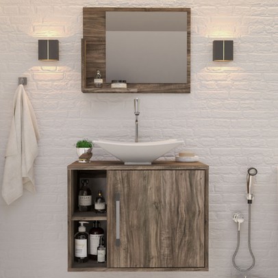 Armário de Banheiro com Cuba e Espelho 1 Porta 2 Prateleiras Carvalho Dark 13689 - Compace