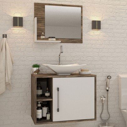 Armário de Banheiro com Cuba e Espelho 1 Porta 2 Prateleiras Carvalho Dark/Branco Chess 13689 - Compace