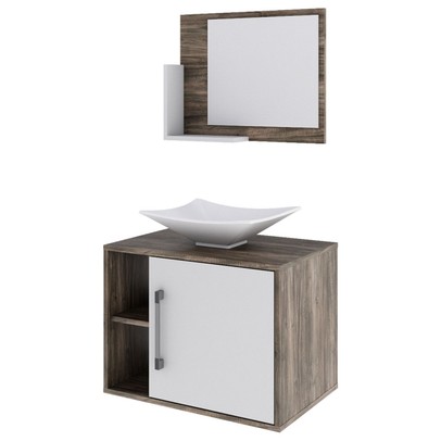 Armário de Banheiro com Cuba e Espelho 1 Porta 2 Prateleiras Carvalho Dark/Branco Chess 13689 - Compace