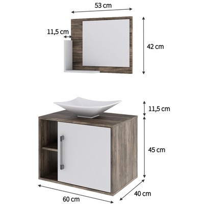 Armário de Banheiro com Cuba e Espelho 1 Porta 2 Prateleiras Carvalho Dark/Branco Chess 13689 - Compace