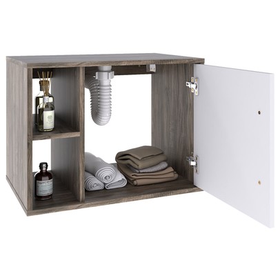 Armário de Banheiro com Cuba e Espelho 1 Porta 2 Prateleiras Carvalho Dark/Branco Chess 13689 - Compace