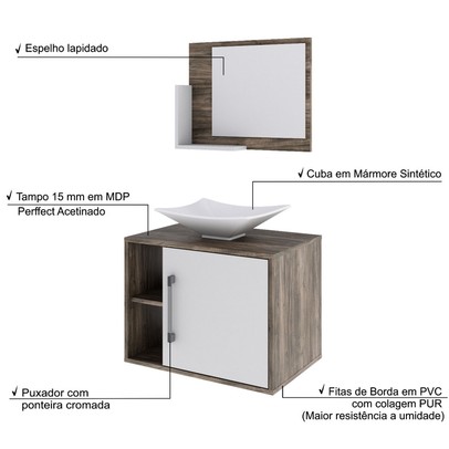 Armário de Banheiro com Cuba e Espelho 1 Porta 2 Prateleiras Carvalho Dark/Branco Chess 13689 - Compace