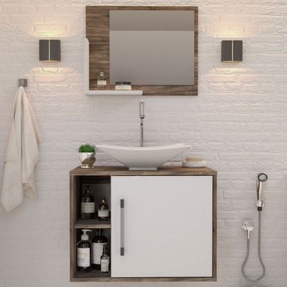 Armário de Banheiro com Cuba e Espelho 1 Porta 2 Prateleiras Carvalho Dark/Branco Chess 13689 - Compace