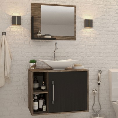 Armário de Banheiro com Cuba e Espelho 1 Porta 2 Prateleiras Carvalho Dark/Preto ônix 13689 - Compace