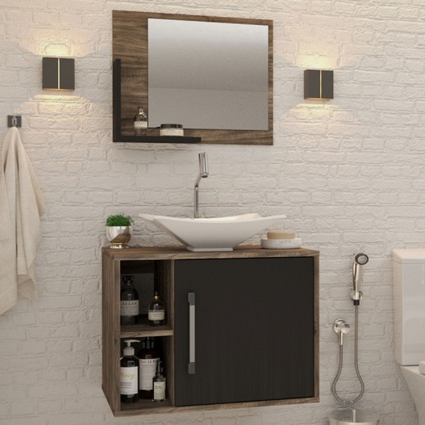Armário de Banheiro com Cuba e Espelho 1 Porta 2 Prateleiras Carvalho Dark/Preto ônix 13689 - Compace