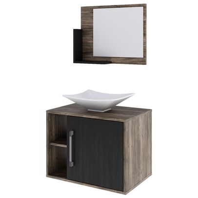 Armário de Banheiro com Cuba e Espelho 1 Porta 2 Prateleiras Carvalho Dark/Preto ônix 13689 - Compace