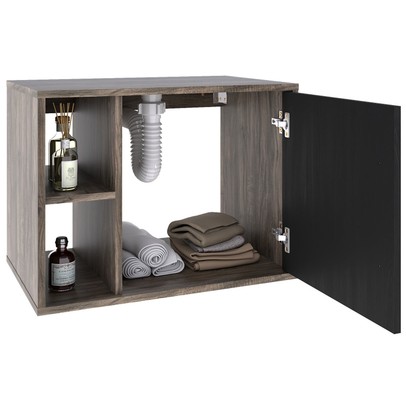 Armário de Banheiro com Cuba e Espelho 1 Porta 2 Prateleiras Carvalho Dark/Preto ônix 13689 - Compace