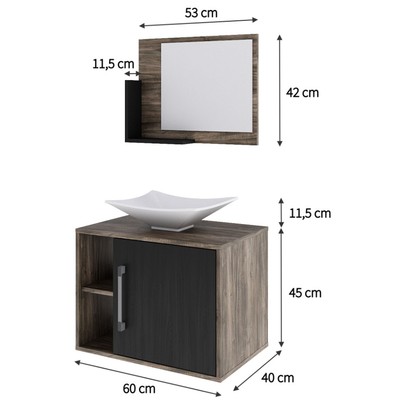 Armário de Banheiro com Cuba e Espelho 1 Porta 2 Prateleiras Carvalho Dark/Preto ônix 13689 - Compace