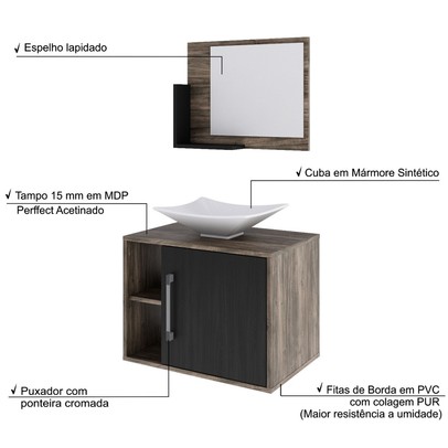 Armário de Banheiro com Cuba e Espelho 1 Porta 2 Prateleiras Carvalho Dark/Preto ônix 13689 - Compace