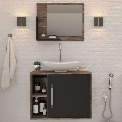 Armário de Banheiro com Cuba e Espelho 1 Porta 2 Prateleiras Carvalho Dark/Preto ônix 13689 - Compace