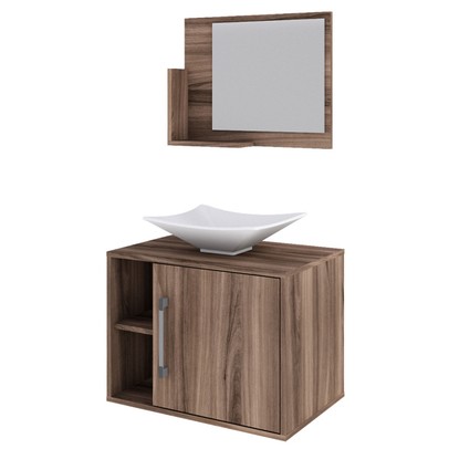 Armário de Banheiro com Cuba e Espelho 1 Porta 2 Prateleiras Nogal 13689 - Compace