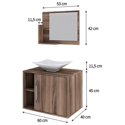 Armário de Banheiro com Cuba e Espelho 1 Porta 2 Prateleiras Nogal 13689 - Compace