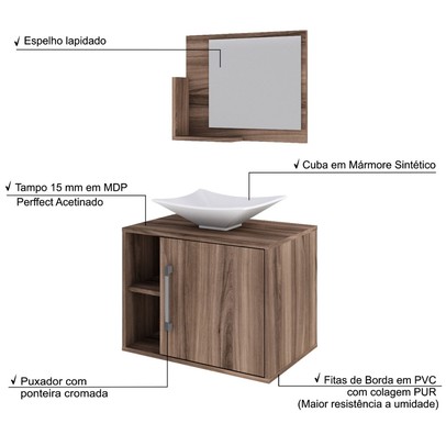 Armário de Banheiro com Cuba e Espelho 1 Porta 2 Prateleiras Nogal 13689 - Compace