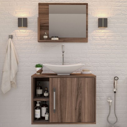 Armário de Banheiro com Cuba e Espelho 1 Porta 2 Prateleiras Nogal 13689 - Compace