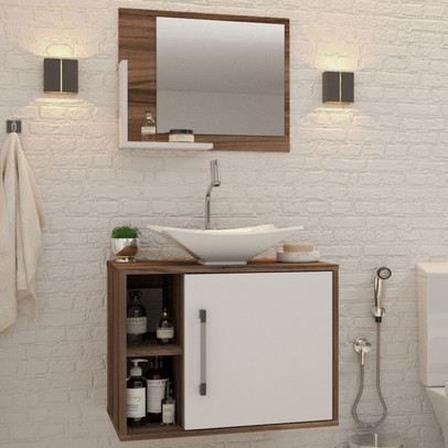 Armário de Banheiro com Cuba e Espelho 1 Porta 2 Prateleiras Nogal/Branco Chess 13689 - Compace