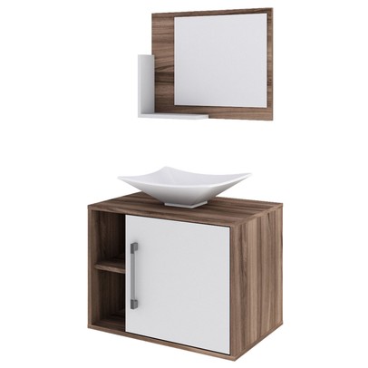 Armário de Banheiro com Cuba e Espelho 1 Porta 2 Prateleiras Nogal/Branco Chess 13689 - Compace