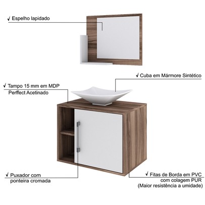 Armário de Banheiro com Cuba e Espelho 1 Porta 2 Prateleiras Nogal/Branco Chess 13689 - Compace