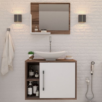 Armário de Banheiro com Cuba e Espelho 1 Porta 2 Prateleiras Nogal/Branco Chess 13689 - Compace