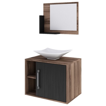 Armário de Banheiro com Cuba e Espelho 1 Porta 2 Prateleiras Nogal/Preto ônix 13689 - Compace