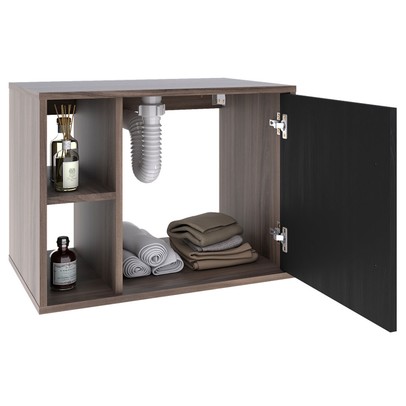 Armário de Banheiro com Cuba e Espelho 1 Porta 2 Prateleiras Nogal/Preto ônix 13689 - Compace