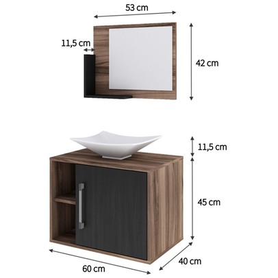 Armário de Banheiro com Cuba e Espelho 1 Porta 2 Prateleiras Nogal/Preto ônix 13689 - Compace