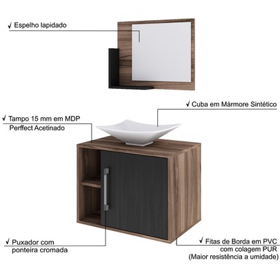 Armário de Banheiro com Cuba e Espelho 1 Porta 2 Prateleiras Nogal/Preto ônix 13689 - Compace