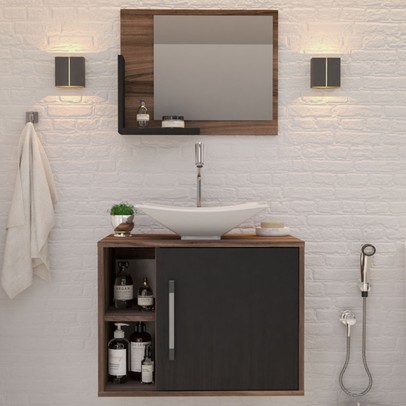 Armário de Banheiro com Cuba e Espelho 1 Porta 2 Prateleiras Nogal/Preto ônix 13689 - Compace