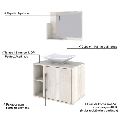 Armário de Banheiro com Cuba e Espelho 1 Porta 2 Prateleiras Snow 13689 - Compace