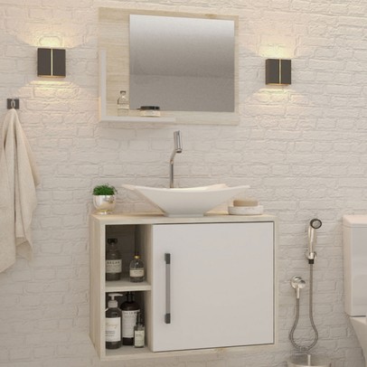 Armário de Banheiro com Cuba e Espelho 1 Porta 2 Prateleiras Snow/Branco Chess 13689 - Compace