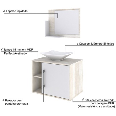 Armário de Banheiro com Cuba e Espelho 1 Porta 2 Prateleiras Snow/Branco Chess 13689 - Compace