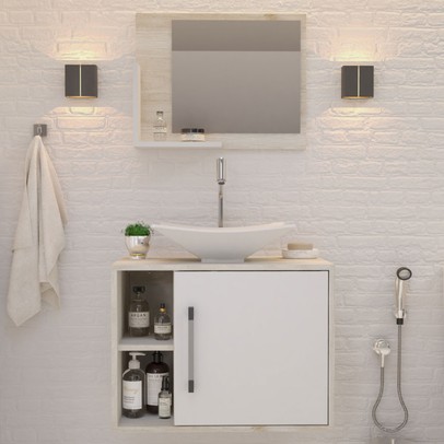 Armário de Banheiro com Cuba e Espelho 1 Porta 2 Prateleiras Snow/Branco Chess 13689 - Compace