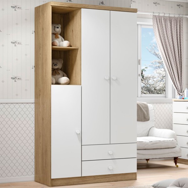 Guarda-Roupa Infantil Pique-Esconde 3 Portas 2 Gavetas Rústico/Branco - Henn