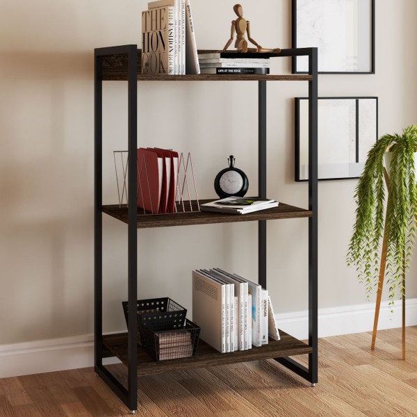Estante para Livros Industrial Aço 3 Prateleiras Nogal/Preto - Panorama Móveis