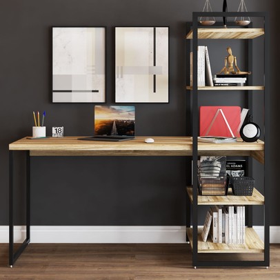 Mesa Escrivaninha Flex Industrial Aço 4 Prateleiras Carvalho/Preto - Panorama Móveis