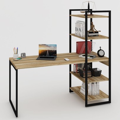 Mesa Escrivaninha Flex Industrial Aço 4 Prateleiras Carvalho/Preto - Panorama Móveis