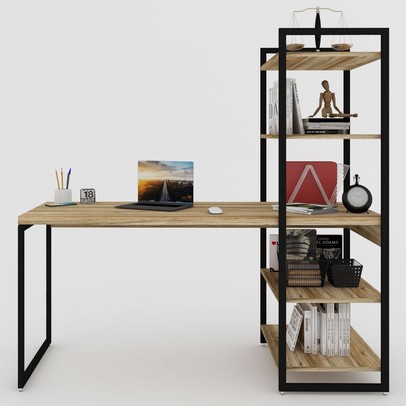 Mesa Escrivaninha Flex Industrial Aço 4 Prateleiras Carvalho/Preto - Panorama Móveis