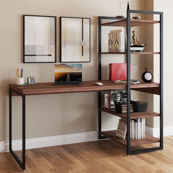 Mesa Escrivaninha Flex Industrial Aço 4 Prateleiras Nogal/Preto - Panorama Móveis