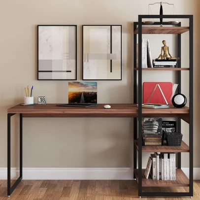 Mesa Escrivaninha Flex Industrial Aço 4 Prateleiras Nogal/Preto - Panorama Móveis