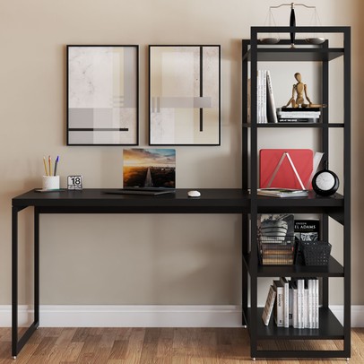 Mesa Escrivaninha Flex Industrial Aço 4 Prateleiras ônix/Preto - Panorama Móveis