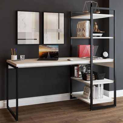 Mesa Escrivaninha Flex Industrial Aço 4 Prateleiras Snow/Preto - Panorama Móveis