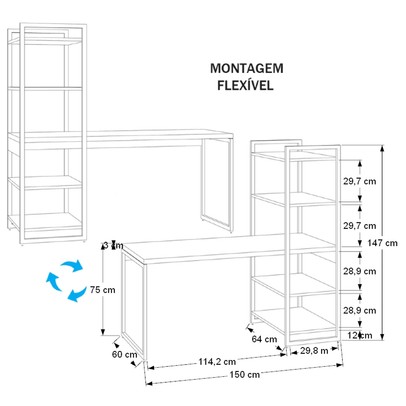 Mesa Escrivaninha Flex Industrial Aço 4 Prateleiras Snow/Preto - Panorama Móveis