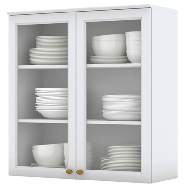 Armário Aéreo Cozinha 80 Cm Nova York 2 Portas 2 Prateleiras com Vidro Branco Hp - Henn