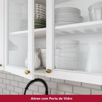 Armário Aéreo Cozinha 80 Cm Nova York 2 Portas 2 Prateleiras com Vidro Branco Hp - Henn
