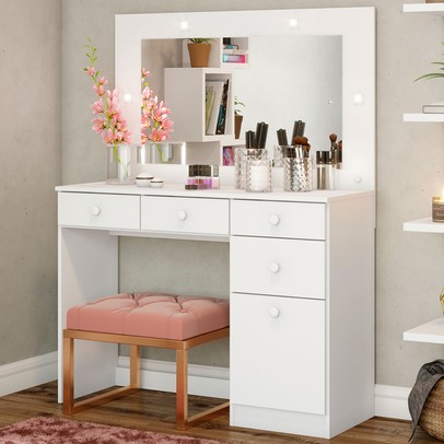 Penteadeira Charme 1 Porta 4 Gavetas com Espelho Branco Hp - Henn
