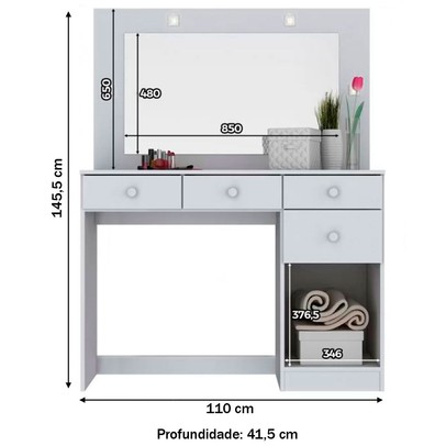 Penteadeira Charme 1 Porta 4 Gavetas com Espelho Branco Hp - Henn