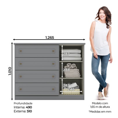 Cômoda Mississipi 1 Porta 4 Gavetas Cinza - Henn